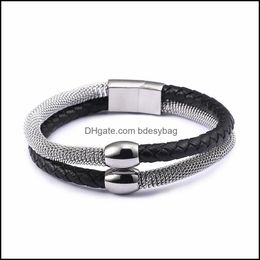 Tennis Bracelets Jewellery 21.5Cm Vintage Braided Leather For Men Stainless Steel Sier Mesh Chain Wrap Homme Unique J Dhkmn