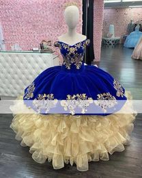 Royal Blue Veet Vestidos De Flower Girls' Dresses 2022 Puffy Embroidery Quinceanera Off The Shoulder Sweet 15 Dress Long Prom Gowns 322 322 322