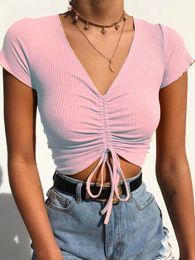 Sexy V Neck Cropped Tank Tops Women Drawstring Tie Up Front Camis Candy Colours Streetwear Slim Fit Ribbed Crop Top 2022