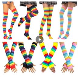 Over Knee Stocking Rainbow Colourful Stripes Socks Cotton Tight High Stockings Harajuku Hiphop Stripe Halloween Cosplay Sexy Women Girls