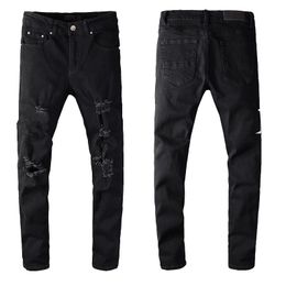 Jeans rasgados para homem de jeans de jeans magro motociclista com buraco de joelho fino RIP RIP A angustiado Carta de motocicleta Reprime Fit Fit Street Trendy Long Straight Zipper Stretch