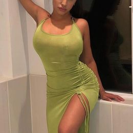 Casual Dresses Drawstring Dress Sleeveless Draped Skinny Sexy Club Solid Color Backless Lace Up Chain Slit Off Shoulder Vestido MujerCasual