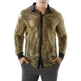 Men's Casual Shirts Stylish Dance Show Shirt Men 2022 Summer Nightclub Costumes Solid Slim Fit Shiny Gold Wedding Dress ShirtsMen's