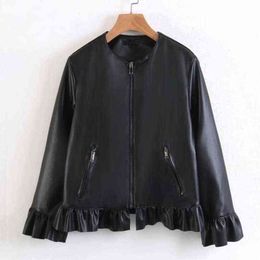 2022 Spring Autumn New Black Leather Clothing Women Coat Ruffle Lamination Ornament PU Leather Jacket Fashion Casual Coats L220728