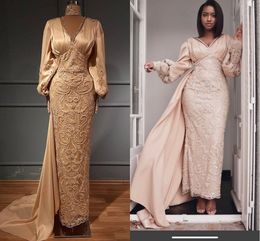 Champagne Mermaid 2022 Prom Dresses Lace Appliqued Beaded Long Sleeves african aso ebi Evening Formal Party Reception Gowns