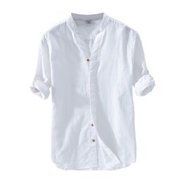 Camicie casual in lino di cotone per uomo Camicia bianca classica di base Autunno Maschile manica lunga colletto alla coreana Abbigliamento uomo traspirante 210331
