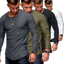 Solid Colour Sleeve Pleated Patch Detail Long Sleeve T-Shirt Men Spring Casual Tops Pullovers Fashion Slim Basic Tops 220407