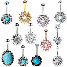 Stainless Steel Flower Rhinestones Navel Piercing Belly Rings Women Fashion Belly Button Ring Body Piercings Jewelry