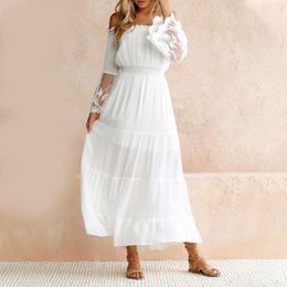 Casual Dresses Bohemian White Elastic Waist Slash Neck Gauze Short Sleeve Pleated Solid Color Simple Elegant Summer Dress Women 2022Casual