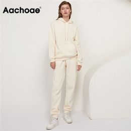 Aachoae Solid 100% Cotton Suits Women Set Fleece Pullover Hooded Hoodies Sweatshirts Casual Pants Tracksuit Plus Size 210331
