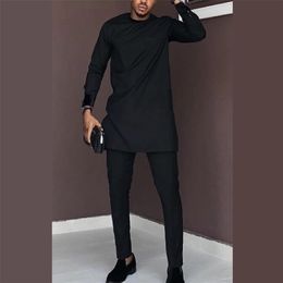 Man Shirts Matching Pants African Fashion Solid Black TopsTrousers Custom Made Men's Outfits African Pant Set Party Clothes 201128