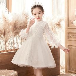 Girl's Dresses Elegant White Lace Flower Girl Wedding Party Gown Long Sleeve Girls Pageant Princess Birthday Dress First Communion