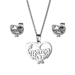 Simple heart shaped English letters Mama mother jewelry necklace female flower love clavicle chain earrings set