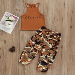 Kid Girls Long Pants Outfits Sleeveless Letter Print Sling Tank Tops Elastic Waist Camouflage Pattern Pockets Set 1 6Years 220620