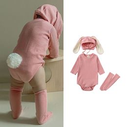 3pcs Baby Romper Set with Socks Hat Rabbit Big Ear Cartoon Spring Infant Clothing Suit Autumn Long Sleeve Baby Climbing Clothes