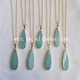 Pendant Necklaces WT-N615 Wholesale Long Tear Drop Amazonite Necklace Nice Quality Teardrop With 24k Gold Trim For GirlPendant