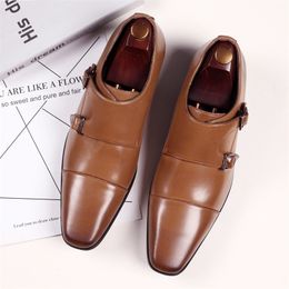 Newest Men's Double Monk Strap Oxford Leather Mens Square Toe Classic Dress Shoes Casual Comfortable Gradual Colour Loafer Y200420