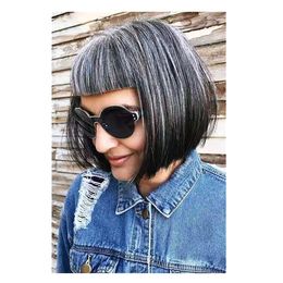 Custom Salt&pepper Colour grey bob human hair wig for black women with bang fringe hairpiece silver two tone blend natural daily use 150%density short non lace wigs