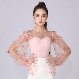 Stage Wear Lace Colourful Butterfly Latin Top Women Long Sleeves Modern Dancing Tops Dance Costume Female Practise SL6558Stage