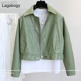 Lagabogy New Women Short Faux PU Leather Jacket Autumn Long Sleeve Zipper Moto Biker Coat Turn-Down Collar Black Green Outwear L220801