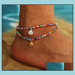 Anklets Jewellery Bohemian Style Colour Beaded Anklet Retro Alloy Scallop Pendant Foot Chain Beach Footwear For Women Girls Drop Delivery 2021