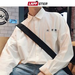 LAPPSTER Mens Korean Fashions Shirts long sleeve 2020 Mens Harajuku White Embroidery Cotton Shirts Male button up shirt Shirt LJ200925