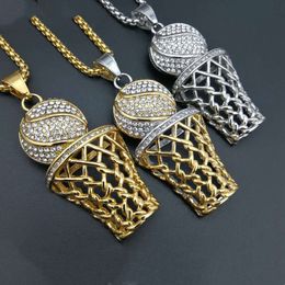 Mens Gold Silver Basketball Sports Net Frame Charm Necklace Stainless Steel Creative Design With Crystal Rhinestone Gothic Pendant Hip Hop Jewellery For Boys