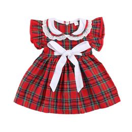 Girl's Dresses Toddler Kids Baby Girls Plaid Print Dress With Bow-knot Flare Sleeve O-neck Lace Children Casual Button-up OutfitsGirl's