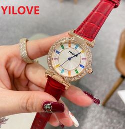 Luxury Bling Hip Hop Full Iced Out Watch 36mm Quartz Colour Shine Rhinestone Diamonds Watches Women Lovers Genuine Leather Dress Crime Wristwatch