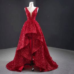 Party Dresses Glamorous Red Sequin High And Low Evening Gowns For Women Elegant Long Luxury V-neck 2022 Dress DubaiParty