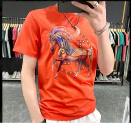 Men's T-Shirts European station combed cotton printing hot drill short-sleeved T-shirt men's tide brand 2022 slim men's half-sleeve T-shirt top