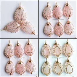 Charms Natural Stone Crystal Tree Of Life Pendants Pink Rose Quartz Gold Wire Wrapped Trendy Jewellery Making Mjfashion Dhjzm
