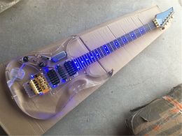 Left-handed Blue LED Light Acrylic Body Electric Guitar with Tremolo Bridge Rosewood Fingerboard can be Customised
