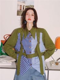 Women's Blouses & Shirts Women Green Striped Buckle Big Size Blouse Loose Fit Shirt Fashion Tide Spring Autumn 2022 Ladies Tops Button Up Sh