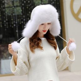 Berets Winter Ladies Hat Warm Real Sheepskin Top Fur Lei Feng Ear Protection Pilot Cold-proof Russian Ski Riding Delm22