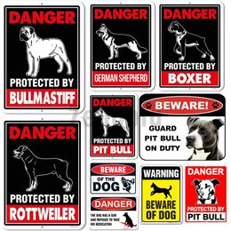 Metal Painting Warning Protected Pit Bull Pitbull Dog Beware Vintage Sign Guard Plaque Retro Shabby Home Decoration Cuadros Tin Decor