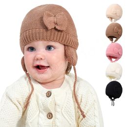 Solid Colour Baby Beanie Cap Winter Ear Warm Children Knitted Bow Hats For Toddler Girls Boys Fashion Adjustable Cap Hat