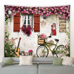 Vintage Stone Wall Flowers Tapestry Pink Rose Retro Bicycle Red Phone European Street Landscape Home Decor Mural Hanging Cloth J220804