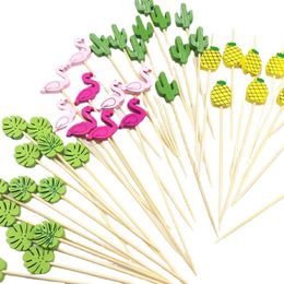 100Pcs Flamingo Bamboo Pick Buffet Cactus leaves Cupcake Fruit Fork Dessert Salad Stick Cocktail Skewer for Party Decoration 220527