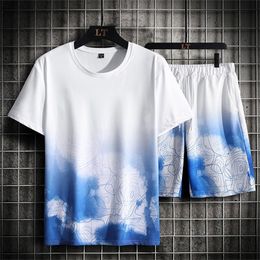 Summer Mens Set Breathable Casual T Shirt Shorts Sportswear Two Pieces Fashion Harajuku Printed Man Sweatsuit Clothing 6XL 7XL 220621