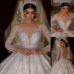 Luxury Backless Wedding Ball Gown Scoop Neck Long Sleeves Bridal Gown Floor Length Full Bling Sequins Custom Made Bridal Dress on Sale