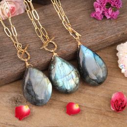 Chains Natural Flash Labradorite Stone Water Drop Beads Pendant Gold Retain Colour Necklace For Women Fashion Jewellery DropshipChains