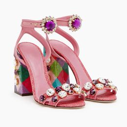 Summer new pink sheepskin word buckle rhinestone fairy retro high-heeled sandals 10CM thick heel buckle high-heeled shoes