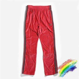 Kırmızı kadife awge iğne jogging pantolon erkekler kadın en kaliteli kelebek nakış çizgili joggers iğneleri awge pantolon pantole t220721