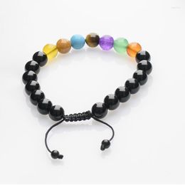 Beaded Strands 100% Natural Black Agates Stone Bracelet Mens Women 7 Chakra 8MM Smooth Braslet Accessories Pulseras Jewellery Gift Fawn22