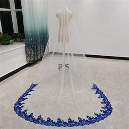 -Bridal Veils Royal Blue Long con accesorios de tul de marfil blanco de una sola capa de peine para novias lentejuelas borde de encaje 3 metres301W