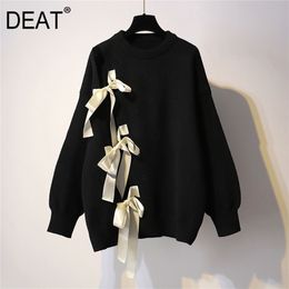 DEAT Autumn Fashion Women Full Sleeve O Collar Slim Wild Loose High Street Lace Up Bow Pullover Knitted Sweater TU082 201223