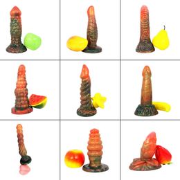 Nxy Dildos Liquid Silica Gel Imitation Fruit Penis Multi Style Men and Women Use Private Place Suction Cup Anal Plug Passion 0317