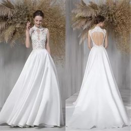 Custom Made Vintage A Line Lace Wedding Dress vestido de festa de casamento Elegant Backless Wedding Gowns High Neck Sheer Bridal Dress