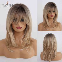 Women Hair Synthetic Easihair Wigs for Ombre Brown Blonde with Bangs Layered Cosplay Heat Resistant Medium Length Wig 0527